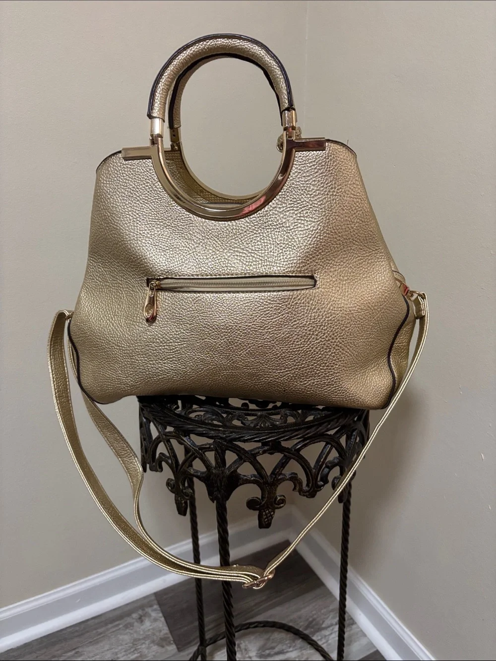 Gold Floral Embossed Top-Handle Tote